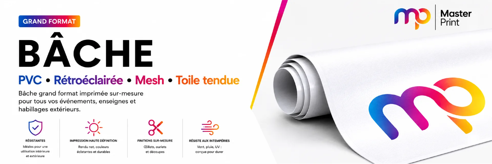 Bâche grand format imprimée sur-mesure — PVC, rétroéclairée, mesh, toile tendue