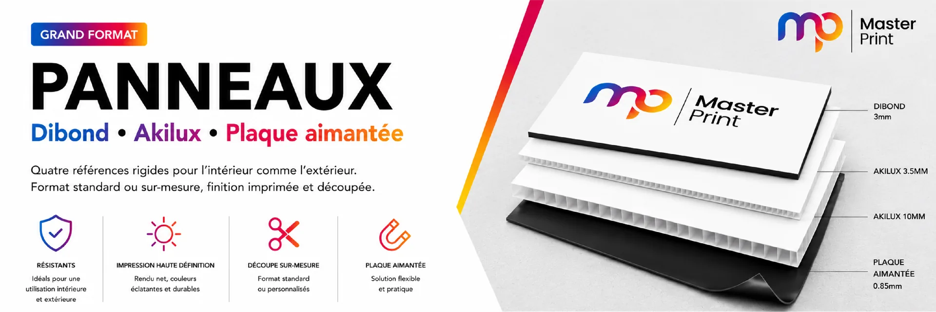 Panneaux Dibond, Akilux et plaque aimantée — format standard ou sur-mesure