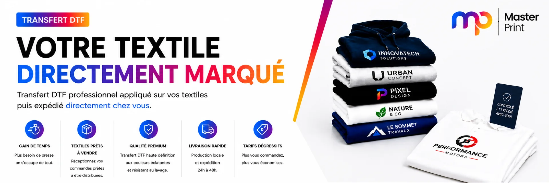 Votre textile directement marqué — transfert DTF professionnel appliqué puis expédié chez vous